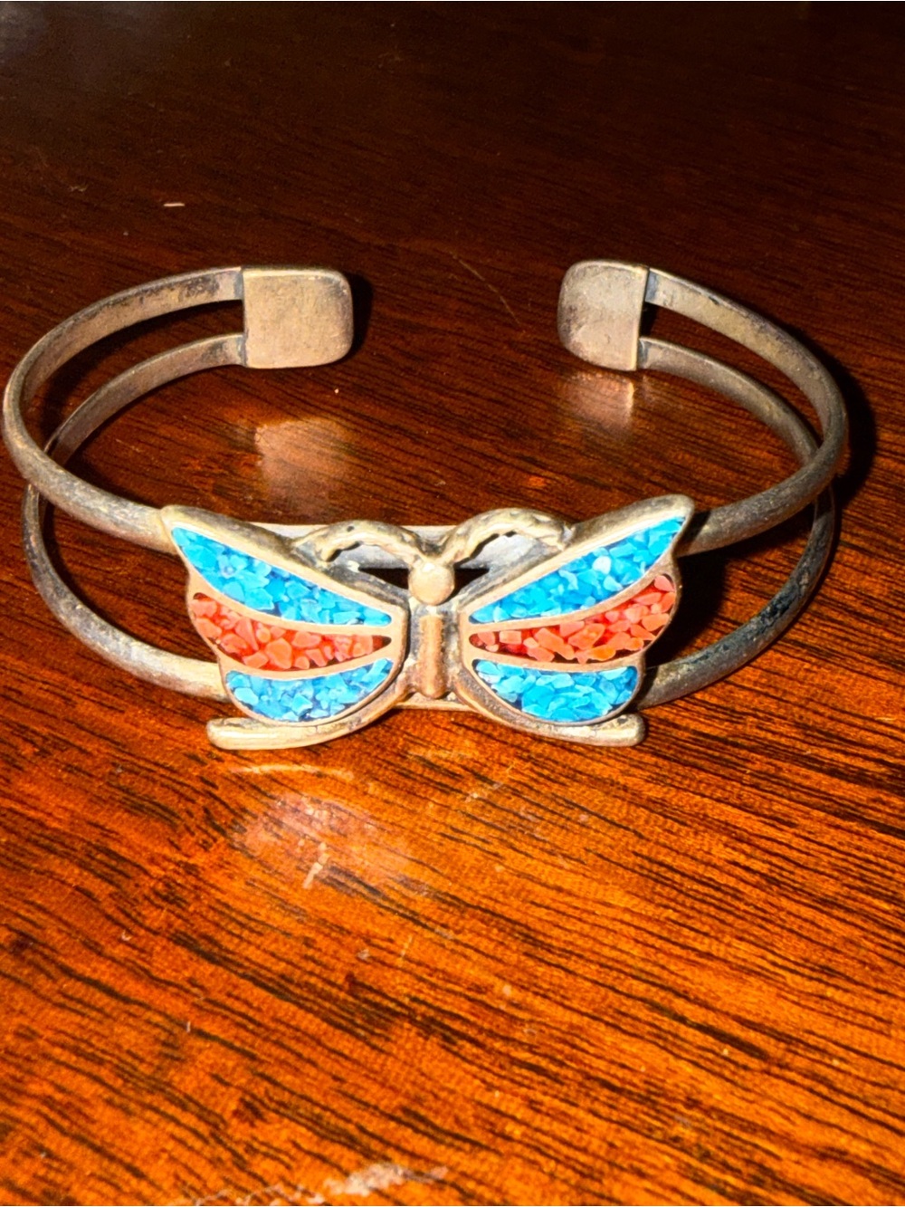 Vintage Southwestern Butterfly Cuff Bracelet – Turquoise & Coral Inlay Style